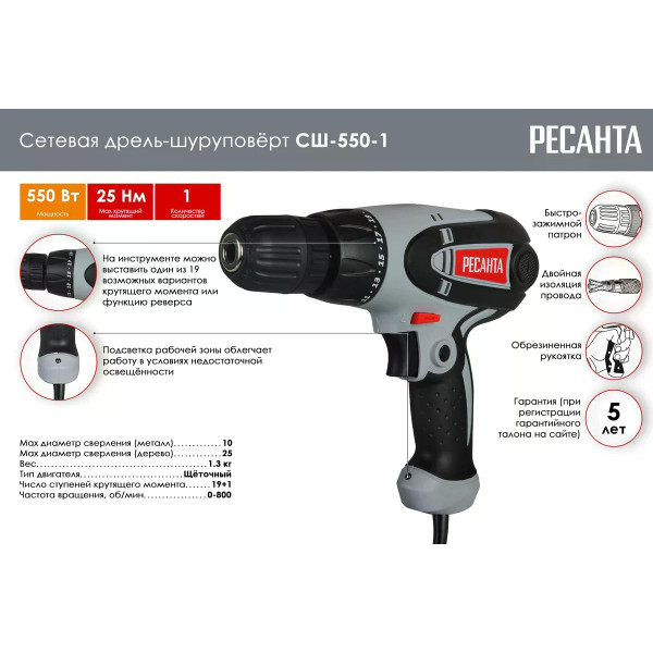 Шуруповерт сетевой СШ-550-1 Ресанта (75/16/2)