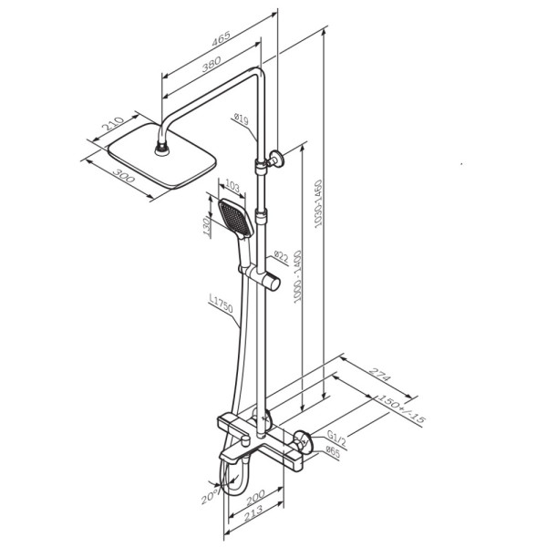 Душевая система AM.PM Func см-ль для ванны и душа с ТМС, душ.штанга, верхн. душ квадр., ручн.душ, черн (F078F522)