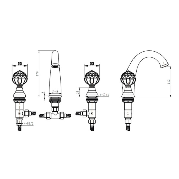 Смеситель для раковины на 3 отверстия Boheme Brilante Presente хром (357)