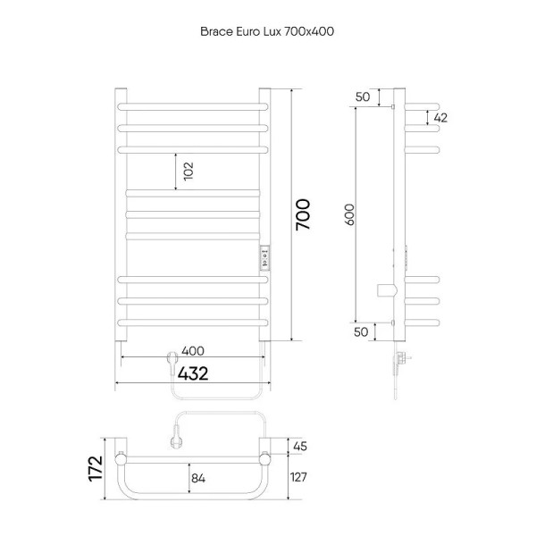 Полотенцесушитель электрический Indigo Brace Euro Lux 700x400 таймер, унив.подкл.RxL, Полиров. (LCBELE70-40Rt)