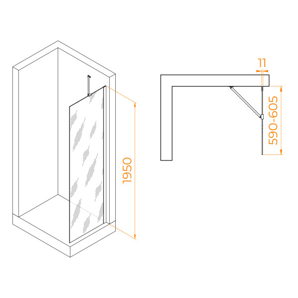 Душевое ограждение RGW Walk In 60x195 стекло прозрачное, профиль черный (351010206-14)