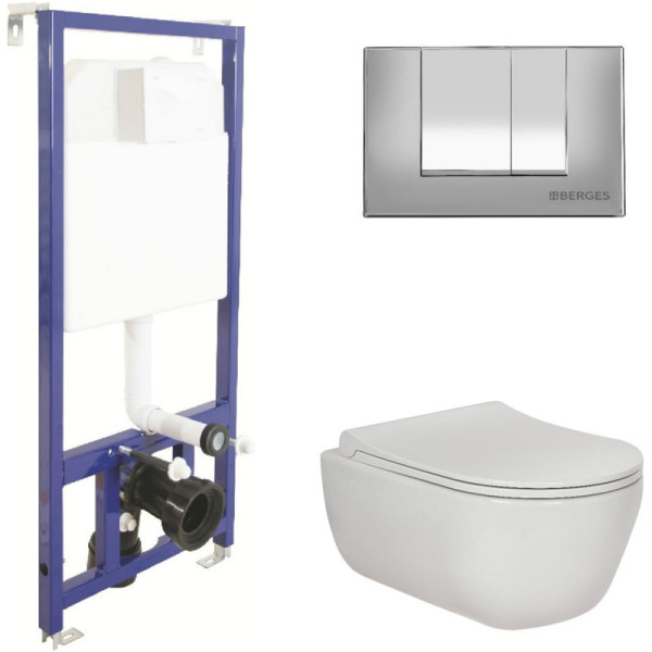 Комплект инсталляция с унитазом Berges Novum525 c с кнопкой S3 хром глянец, унитаз EGO Rimless, сиденье Toma Slim SO (047243) Комплект инсталляция с унитазом Berges Novum525 c с кнопкой S3 хром глянец, унитаз EGO Rimless, сиденье Toma Slim SO (047243)