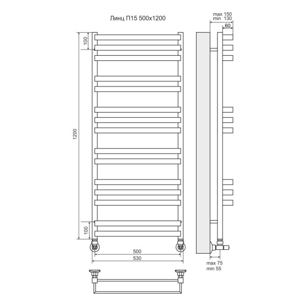 Полотенцесушитель водяной Terminus Линц Lux П15 500x1200 2-3-2-3-2-3 xром Полотенцесушитель водяной Terminus Линц Lux П15 500x1200 2-3-2-3-2-3 xром