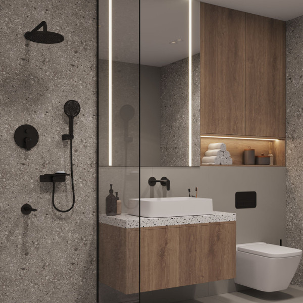 Душевая система скрытого монтажа Milardo Dale с тропическим душем ручным душем и изливом черный матовый (DALBL03M68)