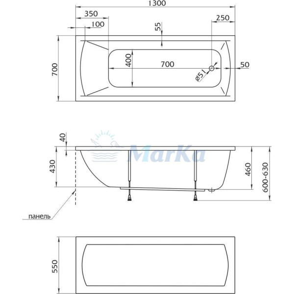 Ванна акриловая Marka One Modern 130х70 без гидромассажа