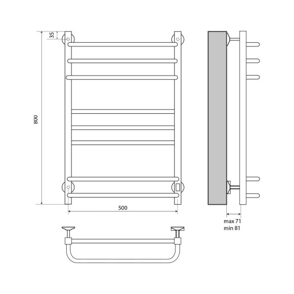 Полотенцесушитель электрический Melodia Fusion Square Electro 500x800 П7 2x3x2 81Вт встроенный диммер, без полочки