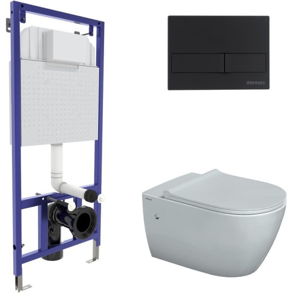 Комплект инсталляция с унитазом Berges Novum c с кнопкой L5 SoftTouch черная, унитаз MASCON Rimless, сиденье Toma Slim SO (043217)