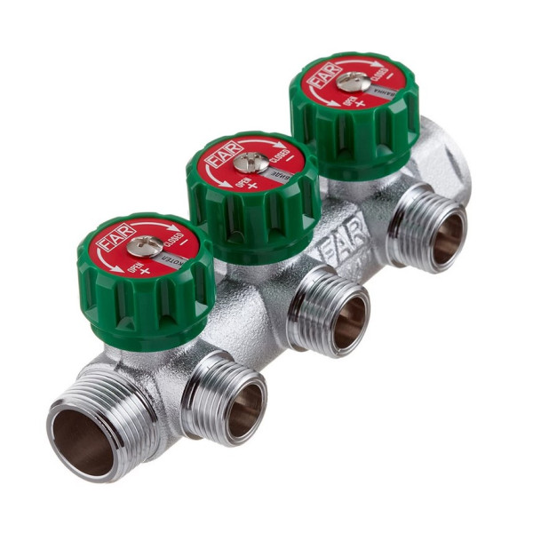 Коллектор проходной регулируемый FAR Multifar (3822 3412TP) 3/4" НР-ВР, 3 отвода 1/2" плоское уплотнение Коллектор проходной регулируемый FAR Multifar (3822 3412TP) 3/4" НР-ВР, 3 отвода 1/2" плоское уплотнение