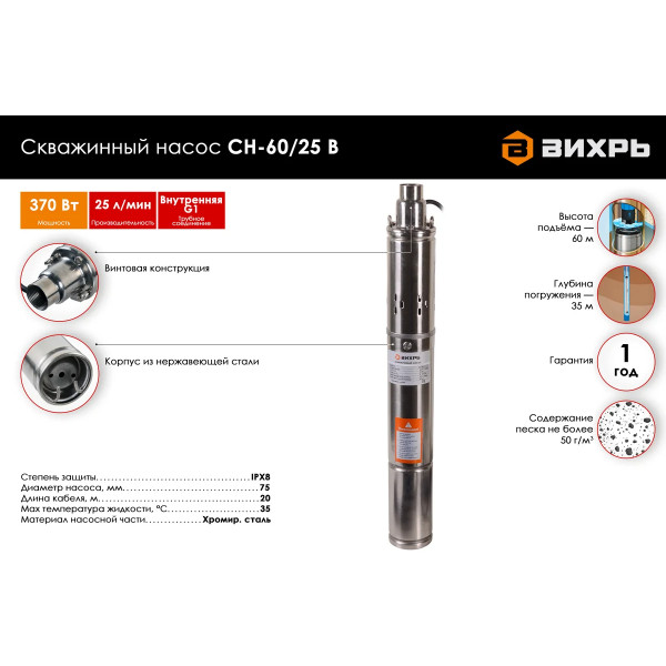Насос скважинный Вихрь СН-60/25 В 75 мм (кабель 20 м) (68/3/14)