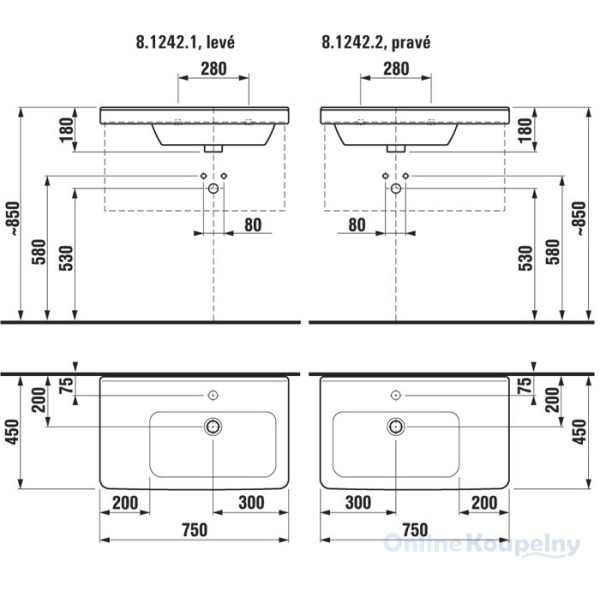 Раковина подвесная Jika Cubito 750х450х165 столешница слева (8.1242.1.000.104.1)