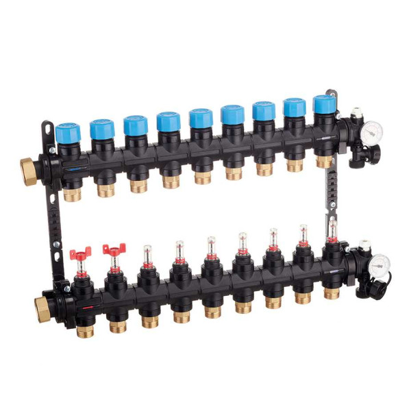 Коллекторная группа 9 отводов 1" с расходомерами и термометрами Henco (композит) (UFH-0605MDK09-03L)