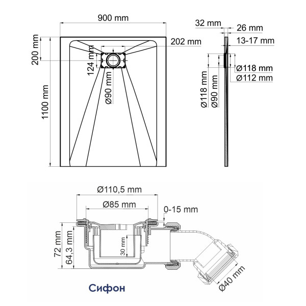 Душевой поддон WasserKRAFT Elbe 110х2,6х90 черный (74T15) Душевой поддон WasserKRAFT Elbe 110х2,6х90 черный (74T15)
