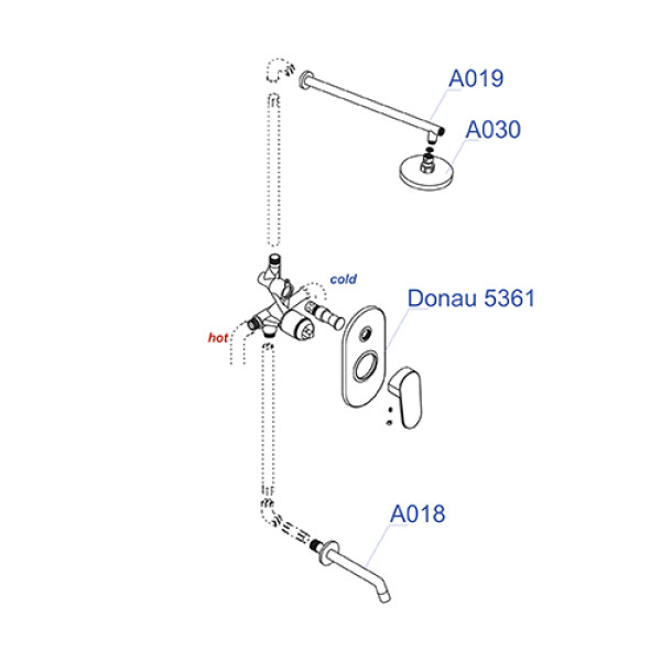 Встраиваемый комплект для ванны WasserKRAFT А13030 с изливом и верхней душевой насадкой