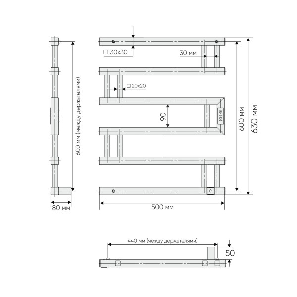 Полотенцесушитель электрический Indigo Muza 600x500 таймер, скрыт.провод справа, Graphite Metallic (DGM60-50GFMRt)