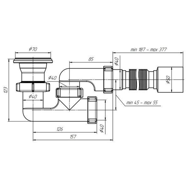 Сифон для душевого поддона АНИ 1 1/2"*40 регулируемый с гибкой трубой 40/50 АНИ пласт (E215)
