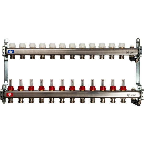 Коллекторная группа 12 отводов 1"x3/4"(18)EK с расходомерами, с клапаном вып. воздуха и сливом Stout (нерж.сталь) (SMS-0927-000012)