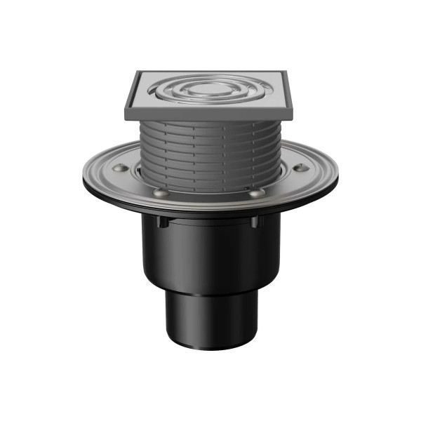 Трап регулируемый Fachmann T 310.1 SHsP 122x122 вертикальный выпуск DN50/75/110 с "мокрым" гидрозатвором, решетка нерж. сталь, пластиковый подрамник (