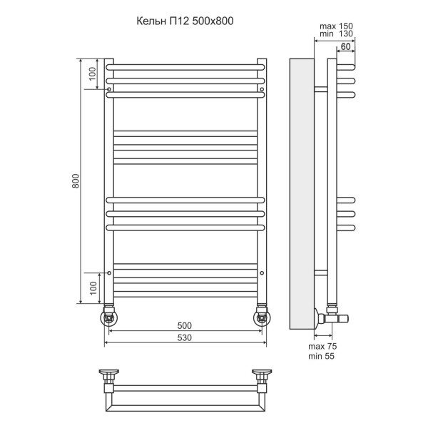 Полотенцесушитель водяной Terminus Кельн Lux П12 500x800 3-3-3-3 xром