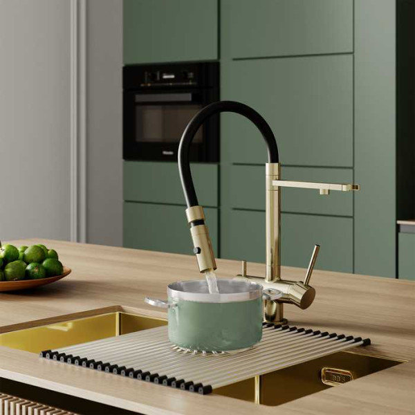 Смеситель для кухни Iddis Ace с фильтром и гибким изливом золотой (ACEMGFFi05)