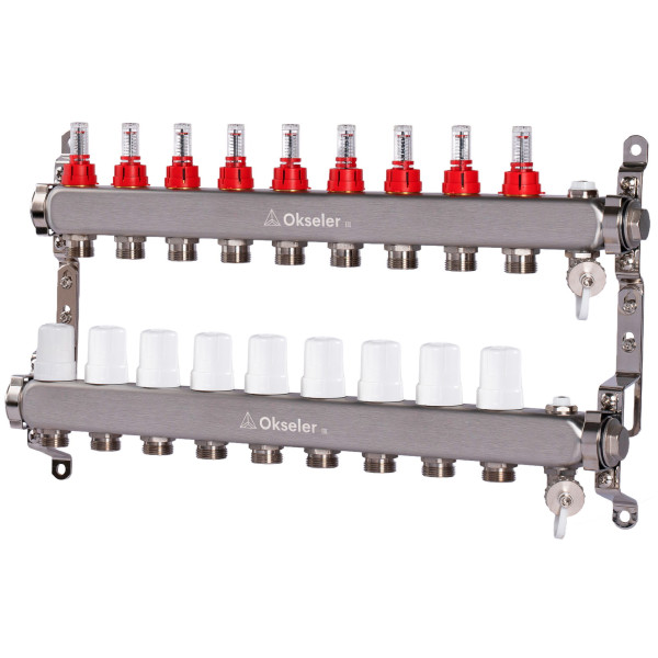 Коллекторная группа 9 отводов 1"*3/4"(18) ЕК с расходомерами Okseler (нерж.ст) с дренажным краном и краном Маевского (Oks00319)