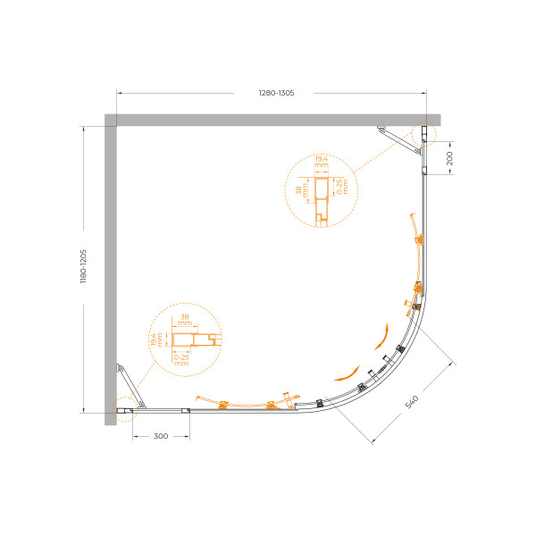 Душевой уголок Cezares Molveno 130x120x195 стекло матовое рифленое, профиль хром (MOLVENO-RH-22-130/120-P-Cr)