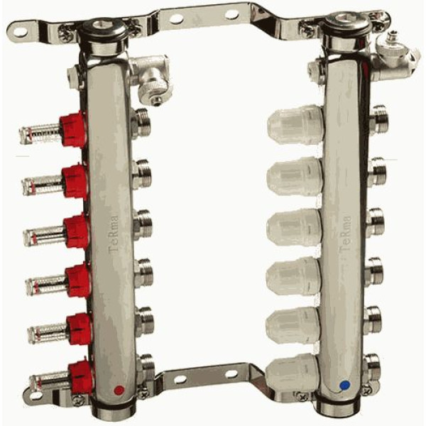 Коллекторная группа 6 отводов 1"*3/4"(18)EK с расходомерами TeRma (нерж.ст) (14106)