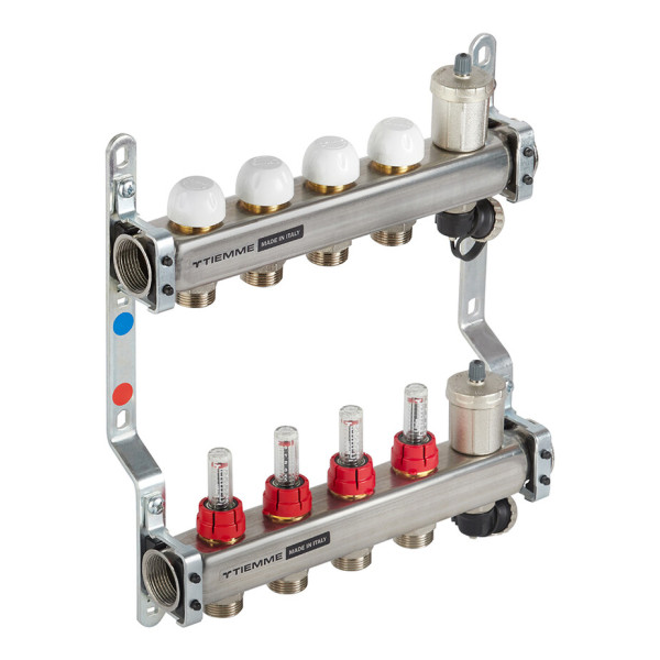 Коллекторная группа Tiemme 4 отвода 1"-3/4" НР ЕК M30х1,5 мм. с расходомерами (нерж.ст) (3920130)