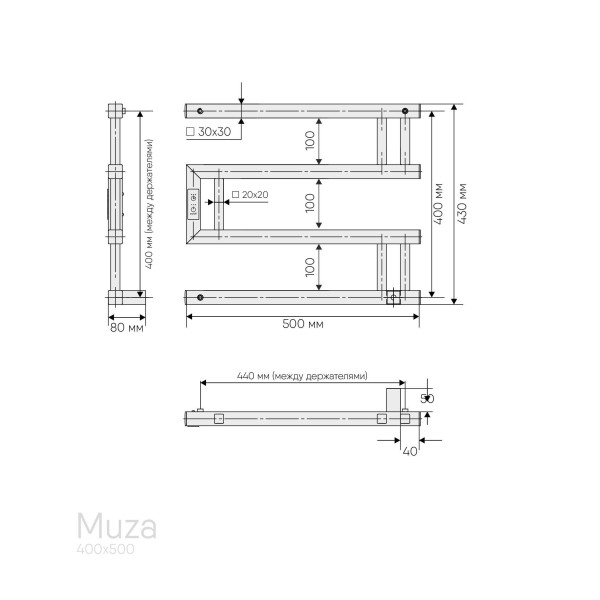 Полотенцесушитель электрический Indigo Muza 40x50 таймер, скрытый провод справа, черный муар (DGM40-50BRRt)