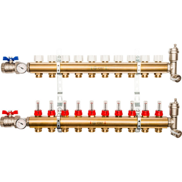 Коллекторная группа 10 отводов 1"x3/4"(18)EK в сборе с расходомерами Stout (латунь) (SMB-0473-000010)