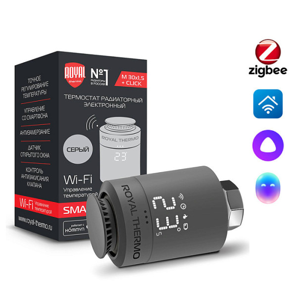 Головка термостатическая М30х1,5 (+click) Royal Thermo Smart Heat электронная (серебристая) (RTE 77.001S) Головка термостатическая М30х1,5 (+click) Royal Thermo Smart Heat электронная (серебристая) (RTE 77.001S)