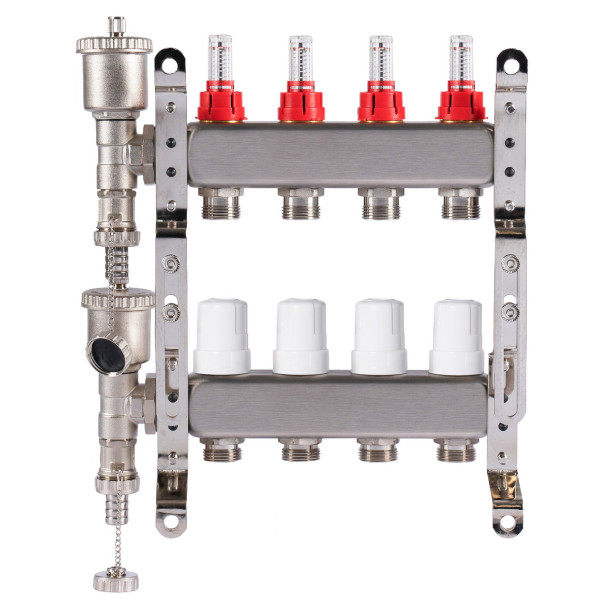 Коллекторная группа 4 отвода 1"*3/4"(18) ЕК с расходомерами Okseler (нерж.ст) с автоматическим воздухоотводчиком и спускным краном (Oks00342)