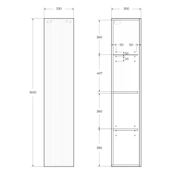 Шкаф подвесной Cezares Uno 330x300x1600 с фрезерованной ручкой с торца фасада с одной распашными дверцей доводчиками с двумя полками Bianco Opaco (UNO