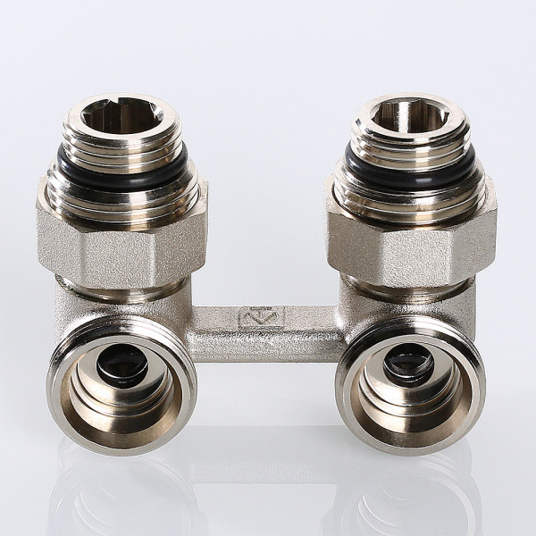 Фитинг двойной угловой со встроенным шаровым краном 1/2"*3/4"(18) евроконус Valtec VT.345.KNA (c комплектом адаптеров) (VT.345.KNA.E04)