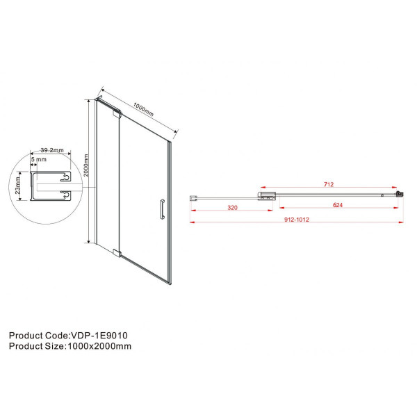 Душевая дверь Vincea Extra VDP-1E 900/1000х2000 стекло тонированное, профиль черный (VDP-1E9010CGB)