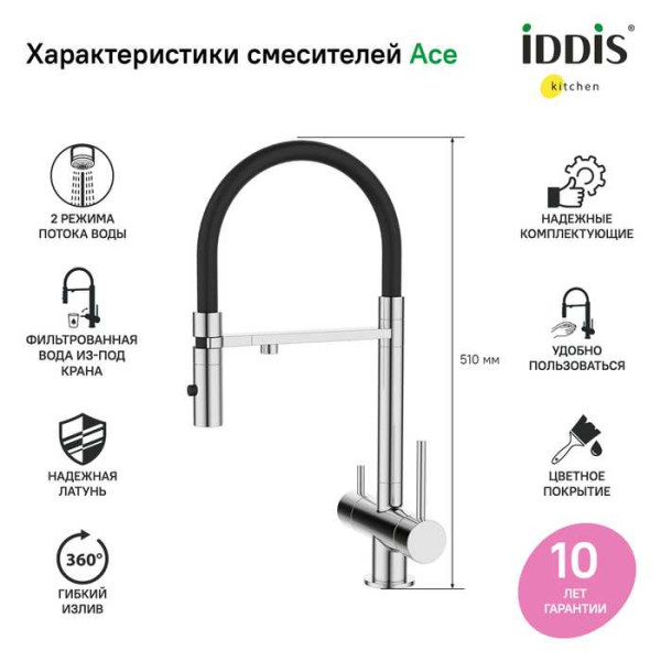 Смеситель для кухни Iddis Ace с фильтром и гибким изливом хром (ACESBFFi05)