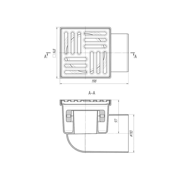Трап горизонтальный 110 мм. (150*150) АНИ нерегулируемый, с сухим затвором (решетка нерж.ст.) АНИ пласт (TQ1112)