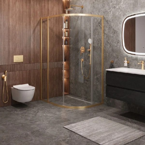 Душевой уголок Cezares Molveno 110x90x195 стекло прозрачное, профиль брашированное золото (MOLVENO-RH-1-110/90-C-BORO-IV)