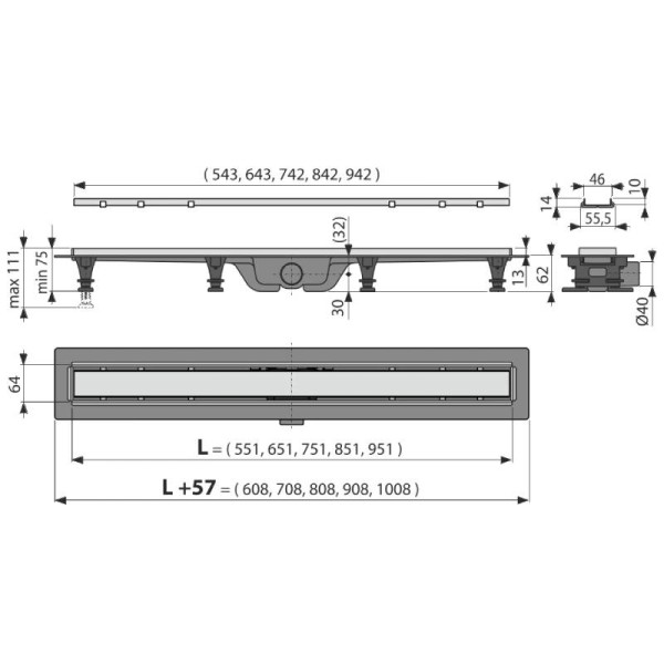 Лоток душевой 550 мм с двухсторонней решеткой с порогами Alcadrain (APZ20-550)