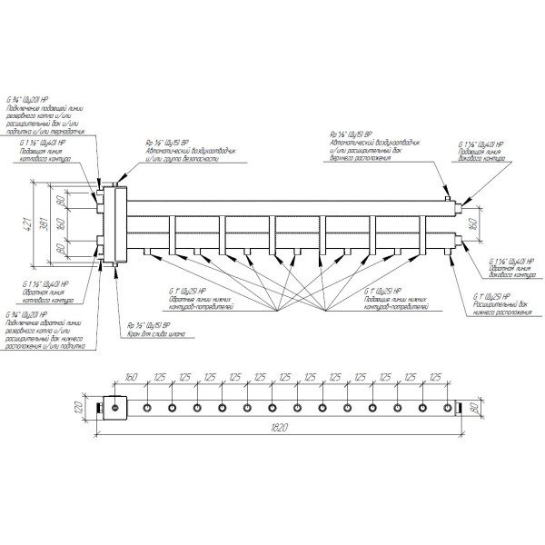 Коллектор балансировочный Gidruss BM-150-7D (до 150 кВт, подкл. котла G 1 1/2", 6 контуров G 1" + 1 боковой контур G 1 1/2", ст. 09Г2С)