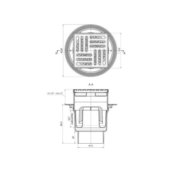 Трап вертикальный 110 мм. (150*150) АНИ регулируемый, с гидрозатвором (решетка нерж.ст.) АНИ пласт (TA1712)