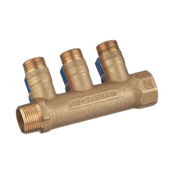 Коллектор 3 отв. с шар. клапанами Tiemme 3/4"*1/2"(16) (латунь) синие ручки (1820035)