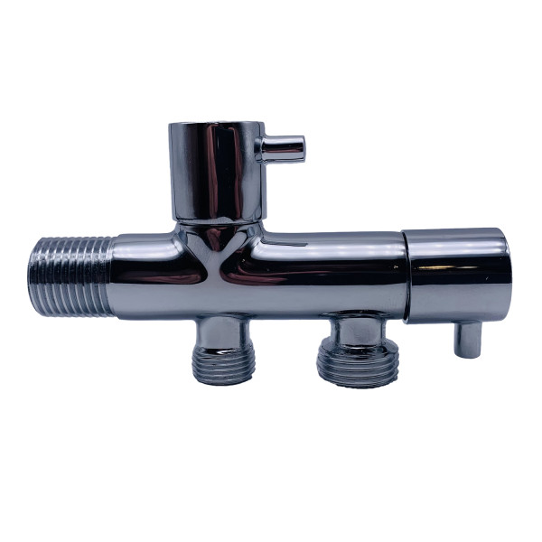 Кран угловой двойной Tiemme 1/2"x1/2"x3/8" НН хром, с чашкой (2950178) Кран угловой двойной Tiemme 1/2"x1/2"x3/8" НН хром, с чашкой (2950178)
