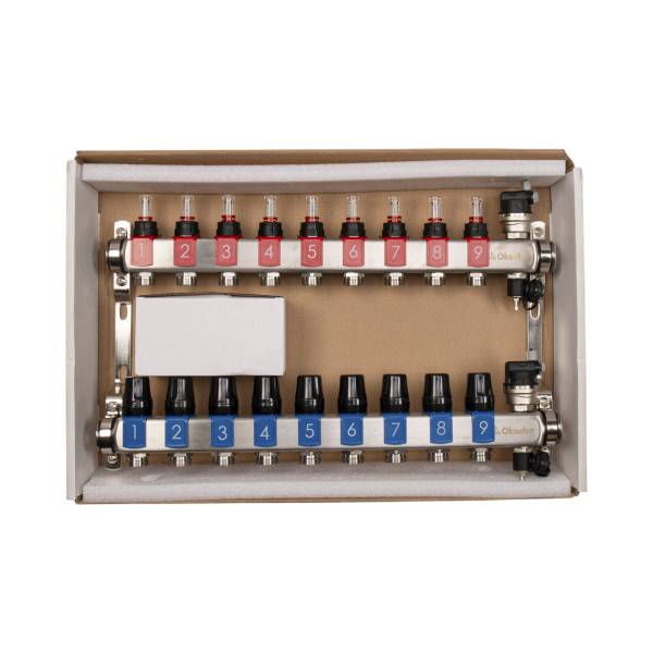Коллекторная группа 9 отводов 1"*3/4"(18) ЕК с расходомерами Okseler (нерж.ст) с автоматическими воздухоотводчикоми и шаровыми кранами с термометрами Коллекторная группа 9 отводов 1"*3/4"(18) ЕК с расходомерами Okseler (нерж.ст) с автоматическими воздухоотводчикоми и шаровыми кранами с термометрами