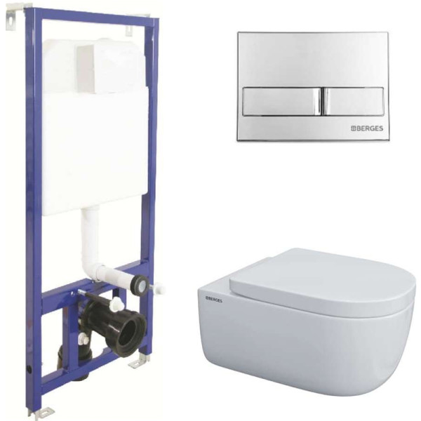 Комплект инсталляция с унитазом Berges Novum525 c с кнопкой L3 хром глянец, унитаз EGO XL 54 см, сиденье Toma SO (043233)