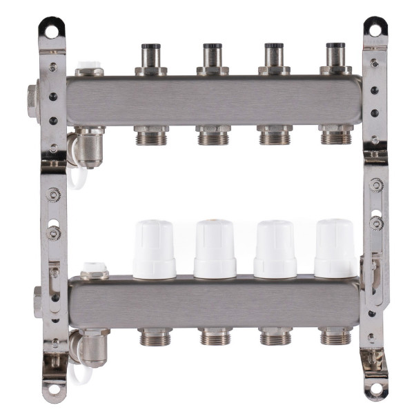 Коллекторная группа 4 отвода 1"*3/4"(18) ЕК с регулировочными клапанами Okseler (нерж.ст) с дренажным краном и краном Маевского (Oks00303)