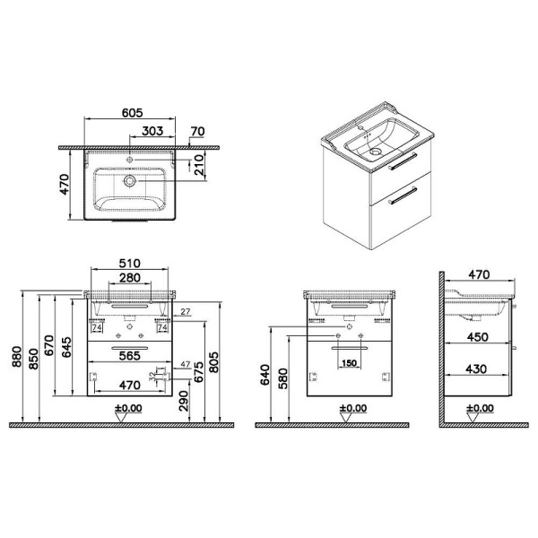 Тумба подвесная Vitra Root 60 см с классической раковиной 2 ящика матовый серый камень (68279)