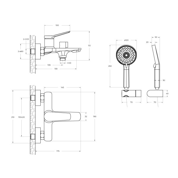Смеситель для ванны и душа в комплекте с ручным душем, шлангом и держателем BelBagno (UNIQUE-VASM-CRM)