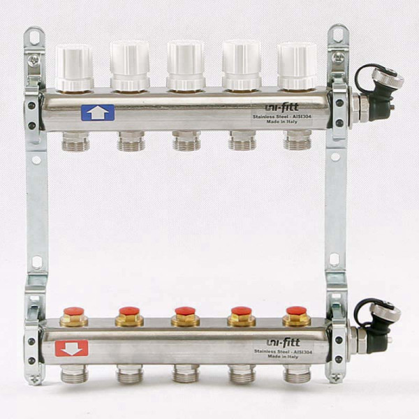 Коллекторная группа Uni-Fitt 5 отводов 1"х3/4" с балансировочными и термостатическими вентилями нерж. сталь