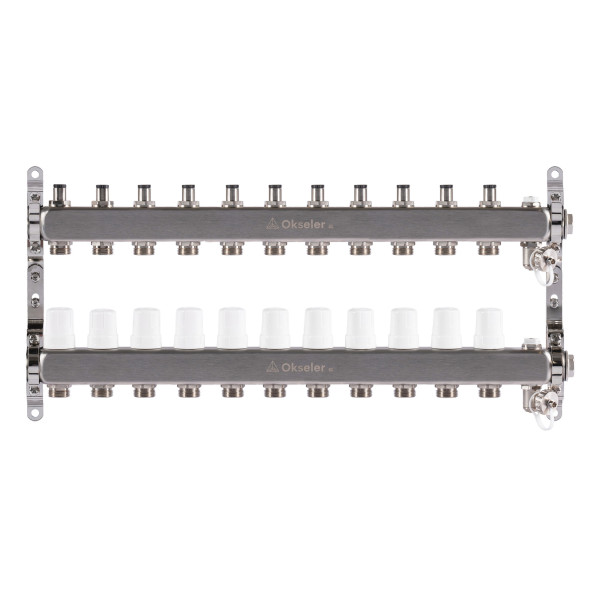 Коллекторная группа 11 отводов 1"*3/4"(18) ЕК с регулировочными клапанами Okseler (нерж.ст) с дренажным краном и краном Маевского (Oks00310)