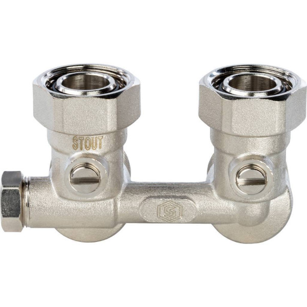 Фитинг двойной угловой со встроенным шаровым краном 3/4" с байпасом Stout (для однотрубной системы) SVH-0003-000020 Фитинг двойной угловой со встроенным шаровым краном 3/4" с байпасом Stout (для однотрубной системы) SVH-0003-000020